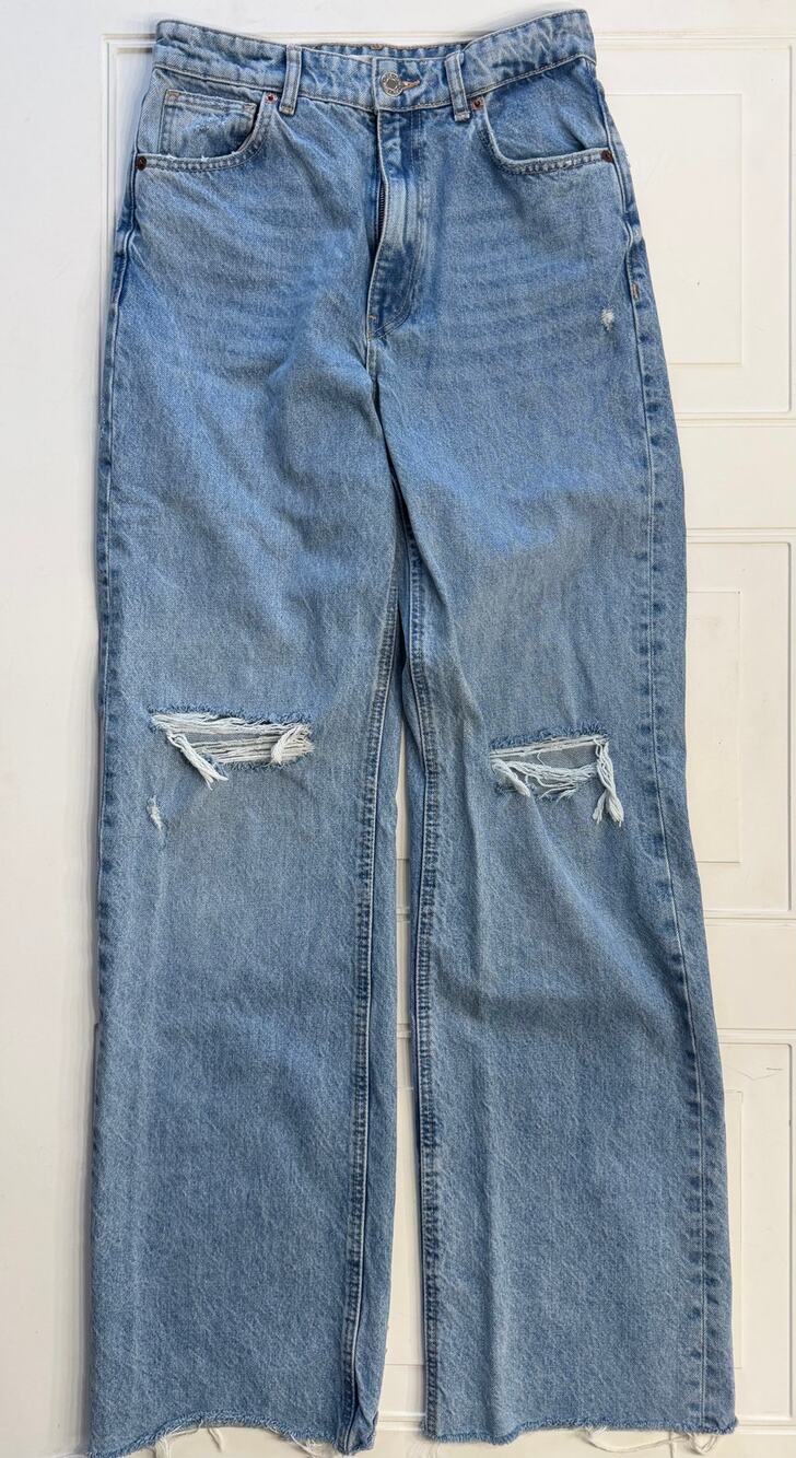 Zara Womens Sz 6 High Rise Straight Leg Distressed Blue Denim Jeans